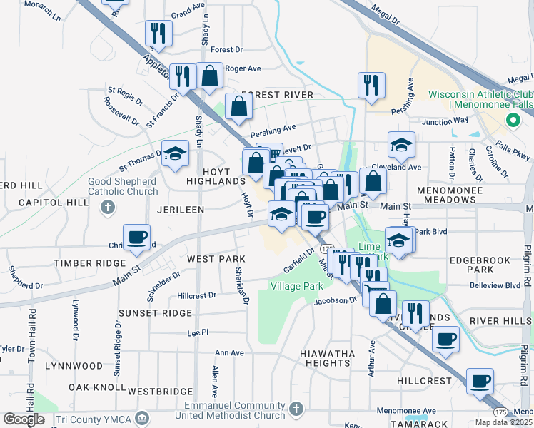 map of restaurants, bars, coffee shops, grocery stores, and more near N88W16848 Main Street in Menomonee Falls