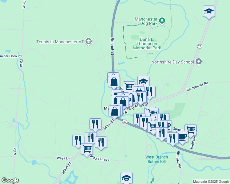 map of restaurants, bars, coffee shops, grocery stores, and more near 141 Bonnet Street in Bennington County