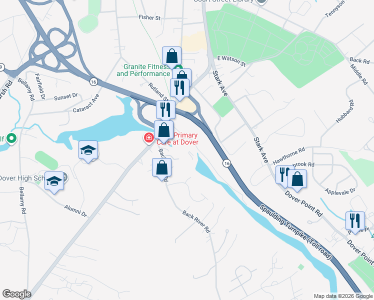 map of restaurants, bars, coffee shops, grocery stores, and more near 21 Mill Street in Dover