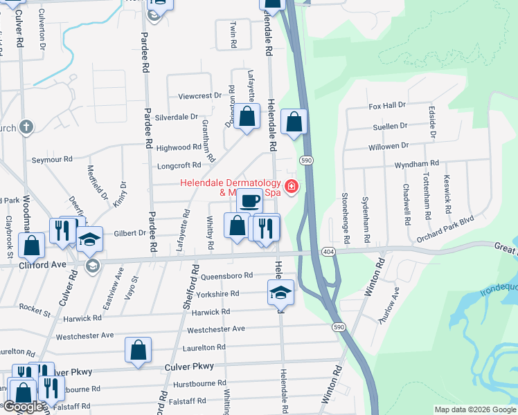 map of restaurants, bars, coffee shops, grocery stores, and more near 455 Helendale Road in Rochester
