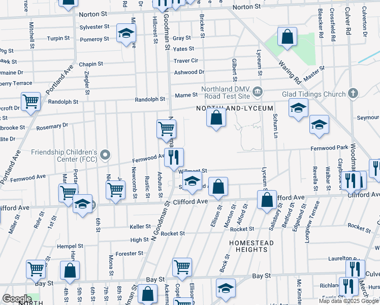 map of restaurants, bars, coffee shops, grocery stores, and more near 1400 Goodman St N in Rochester