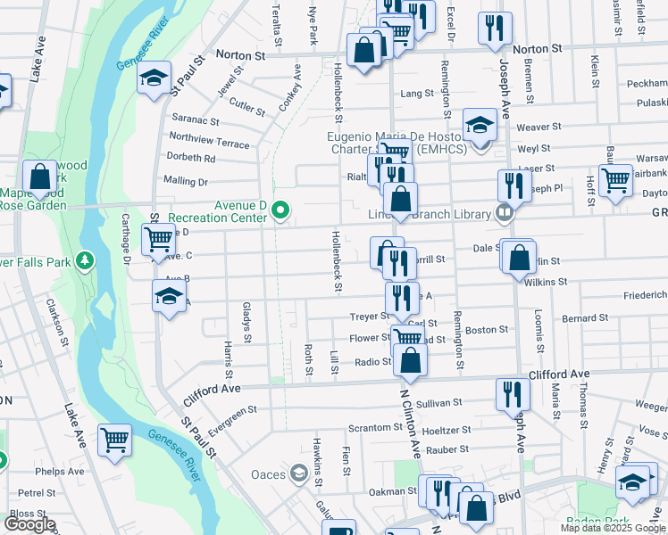 map of restaurants, bars, coffee shops, grocery stores, and more near 9 Morrill Street in Rochester