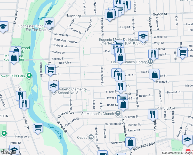 map of restaurants, bars, coffee shops, grocery stores, and more near 324 Avenue B in Rochester
