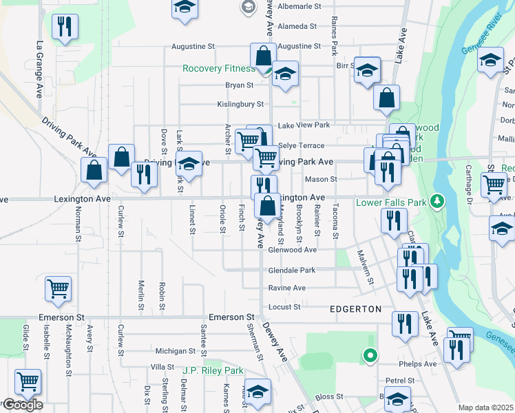 map of restaurants, bars, coffee shops, grocery stores, and more near in Rochester