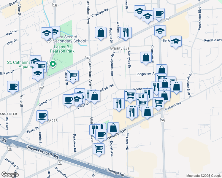 map of restaurants, bars, coffee shops, grocery stores, and more near in St. Catharines