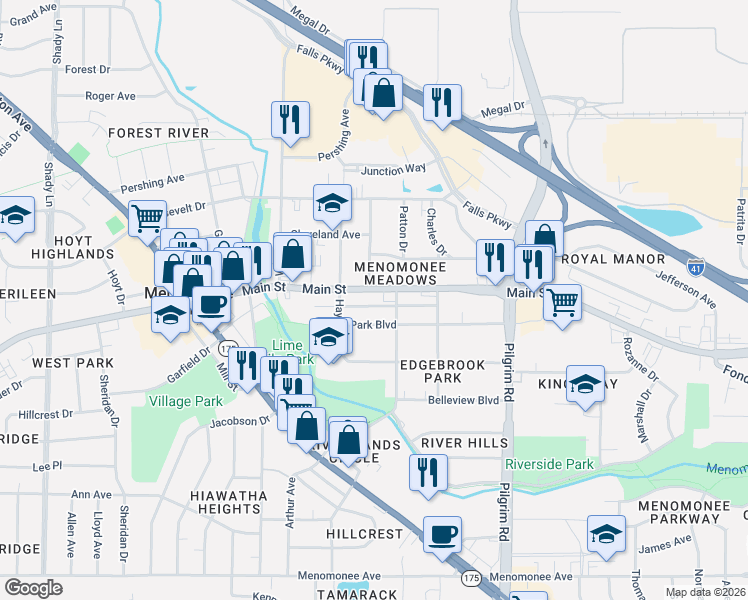 map of restaurants, bars, coffee shops, grocery stores, and more near N89W16099 Main Street in Menomonee Falls