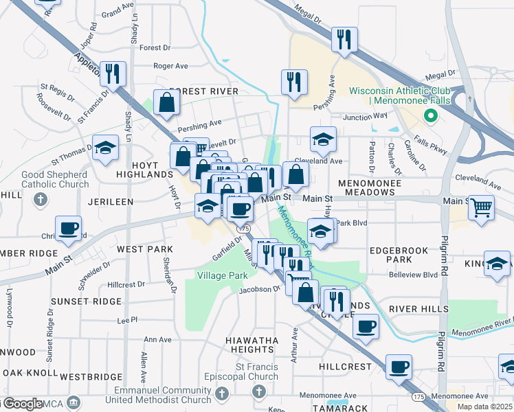 map of restaurants, bars, coffee shops, grocery stores, and more near N88 W16595 Main Street in Menomonee Falls
