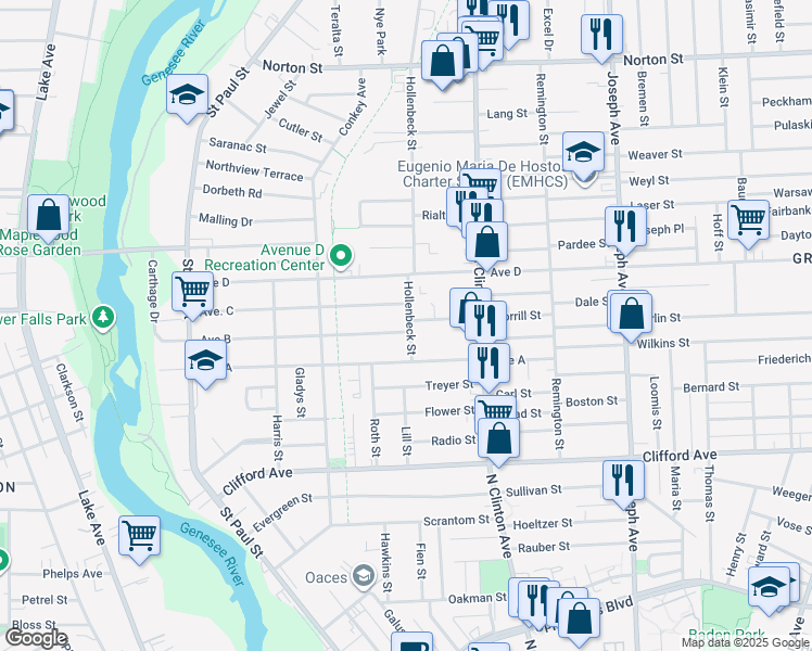 map of restaurants, bars, coffee shops, grocery stores, and more near 9 Morrill Street in Rochester