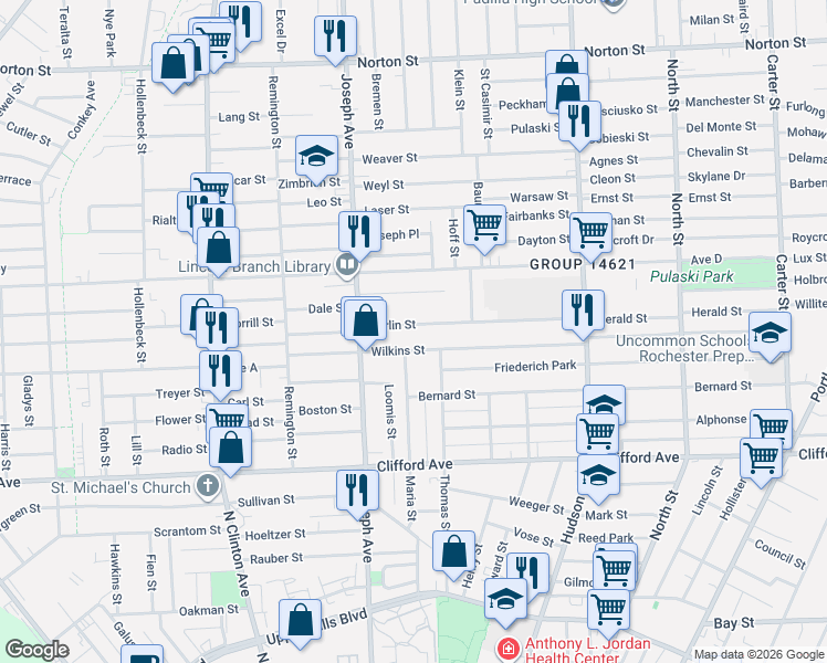 map of restaurants, bars, coffee shops, grocery stores, and more near 79 Berlin Street in Rochester
