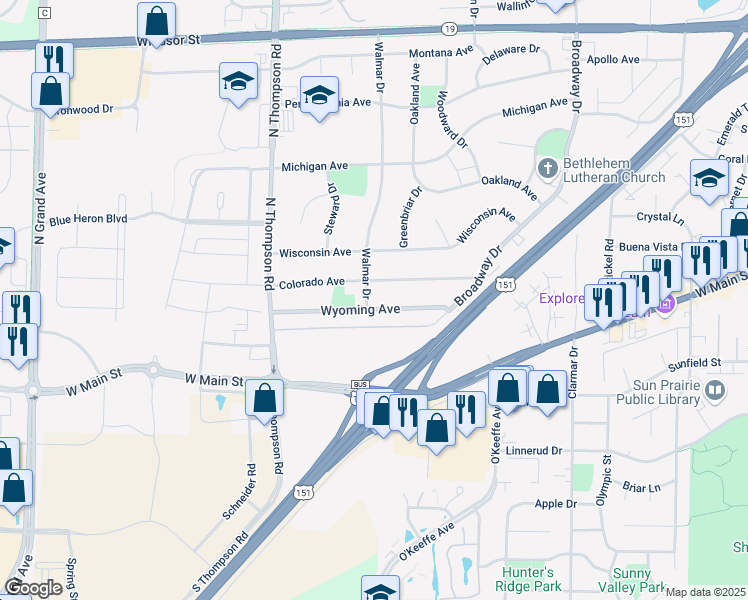 map of restaurants, bars, coffee shops, grocery stores, and more near 2022 Wyoming Avenue in Sun Prairie