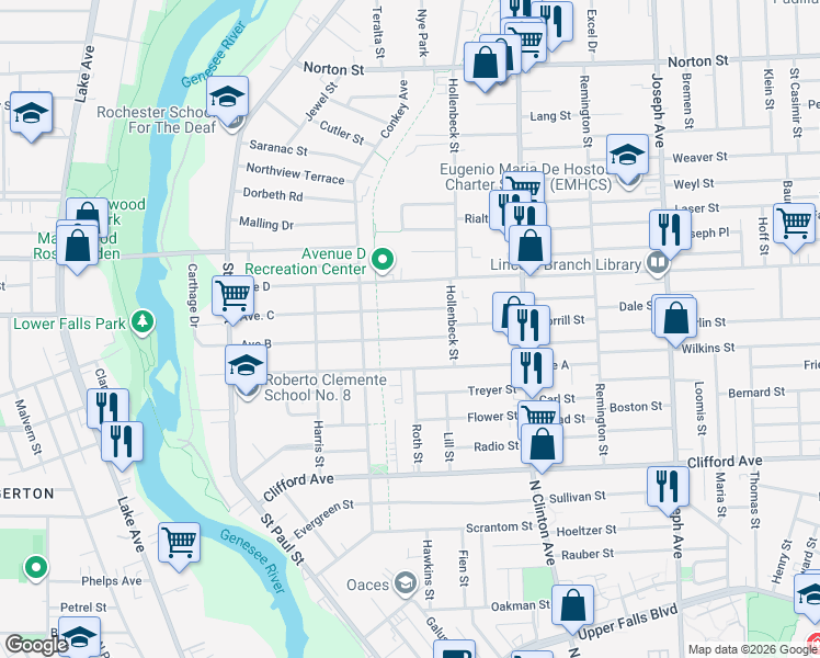 map of restaurants, bars, coffee shops, grocery stores, and more near 324 Avenue B in Rochester