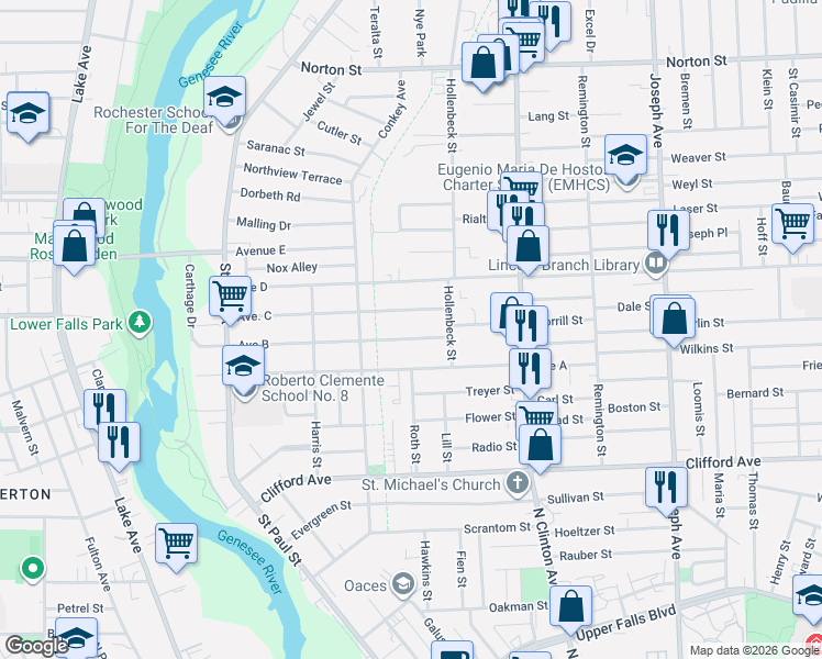map of restaurants, bars, coffee shops, grocery stores, and more near 324 Avenue B in Rochester