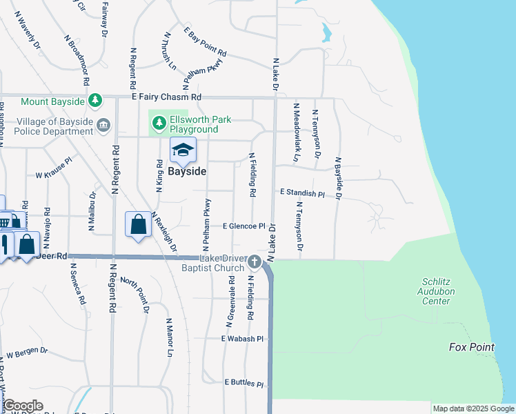 map of restaurants, bars, coffee shops, grocery stores, and more near 8949 North Lake Drive in Bayside