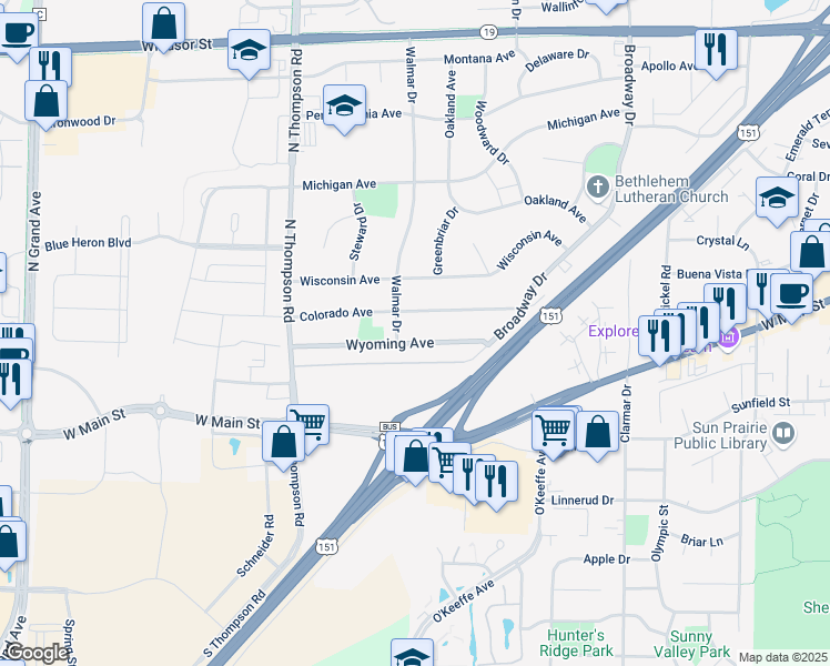 map of restaurants, bars, coffee shops, grocery stores, and more near 2022 Wyoming Avenue in Sun Prairie