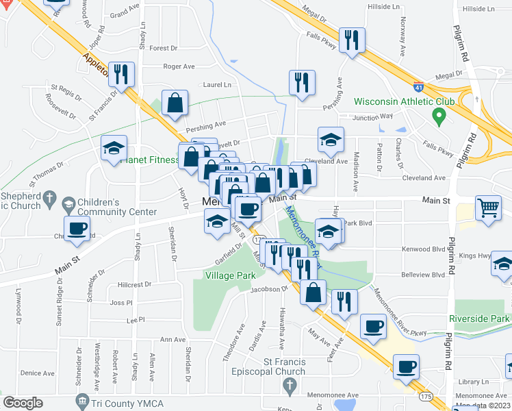 map of restaurants, bars, coffee shops, grocery stores, and more near N88 W16595 Main Street in Menomonee Falls