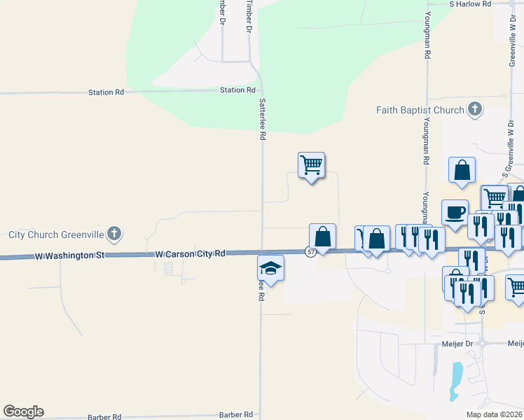 map of restaurants, bars, coffee shops, grocery stores, and more near 7691-7855 Satterlee Road in Greenville