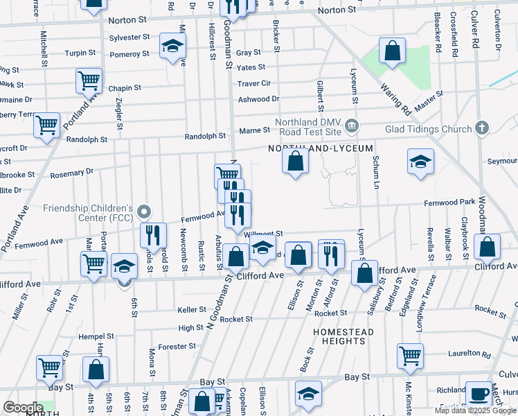 map of restaurants, bars, coffee shops, grocery stores, and more near 1400 South Goodman Street in Rochester