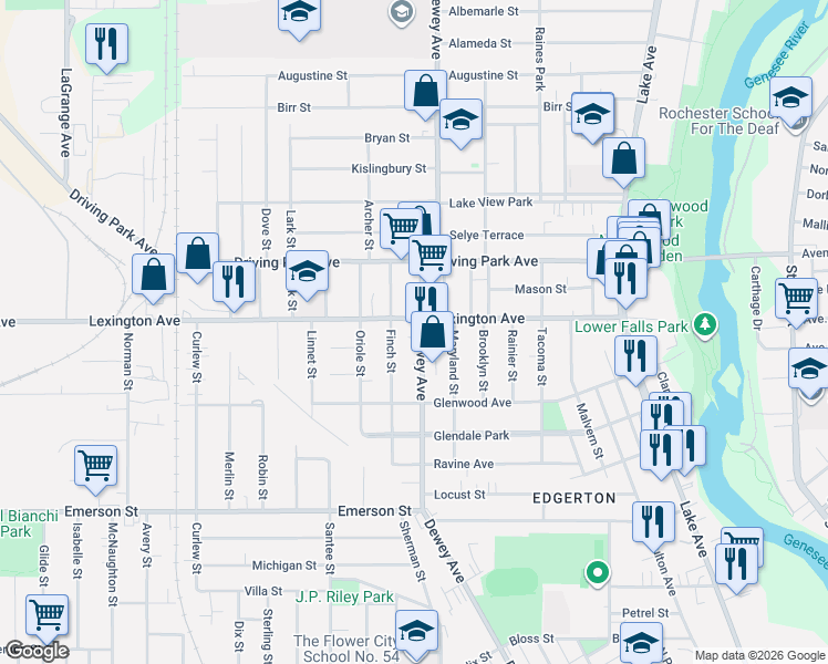 map of restaurants, bars, coffee shops, grocery stores, and more near 751 Dewey Avenue in Rochester