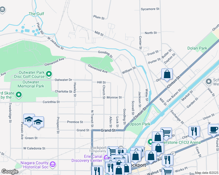 map of restaurants, bars, coffee shops, grocery stores, and more near 165 Allen Street in Lockport