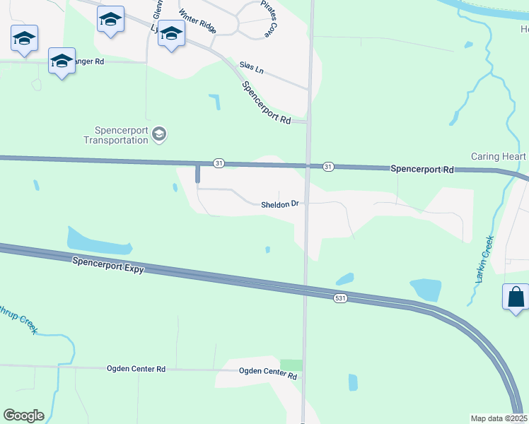 map of restaurants, bars, coffee shops, grocery stores, and more near 9 Sheldon Drive in Spencerport