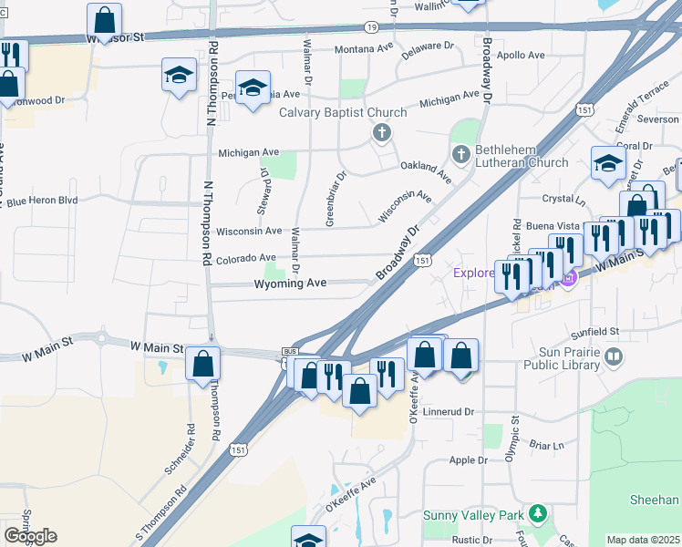 map of restaurants, bars, coffee shops, grocery stores, and more near 1942 Wyoming Avenue in Sun Prairie