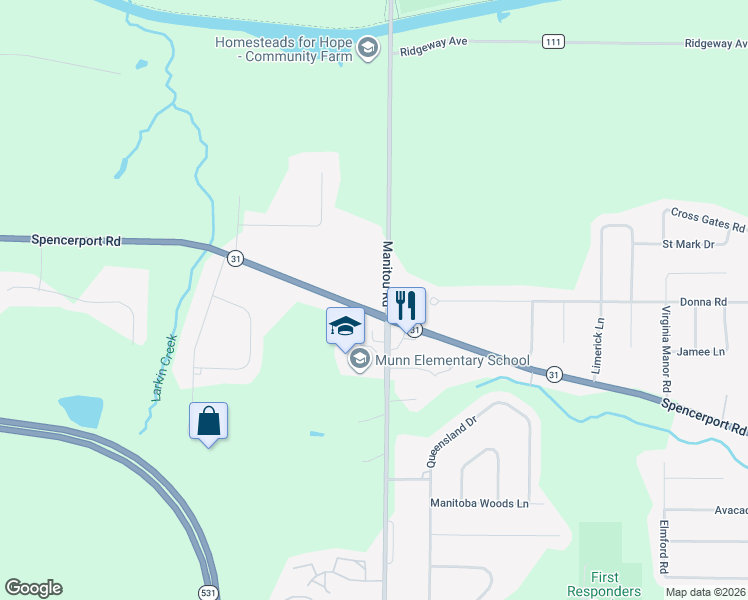 map of restaurants, bars, coffee shops, grocery stores, and more near 2370 Spencerport Rd in Spencerport