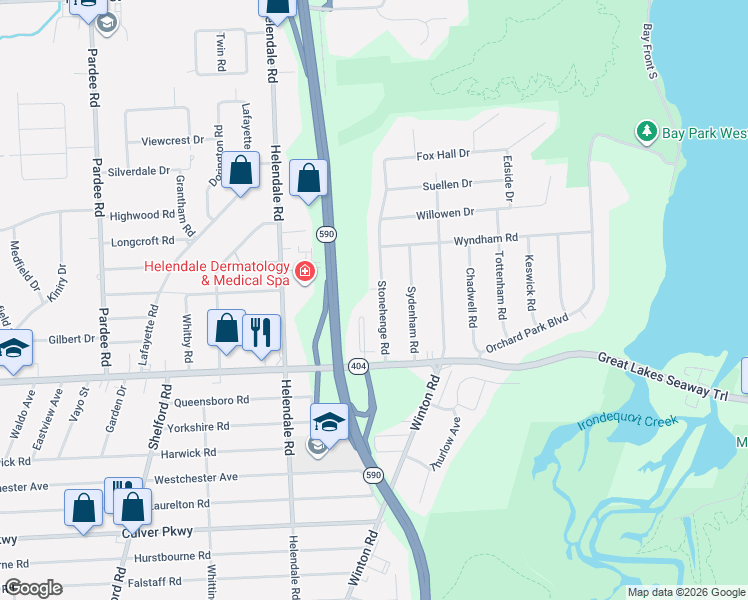 map of restaurants, bars, coffee shops, grocery stores, and more near 95 Stonehenge Road in Rochester