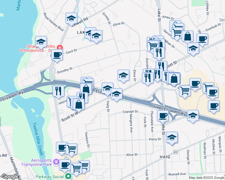 map of restaurants, bars, coffee shops, grocery stores, and more near 61 Meadowvale Drive in St. Catharines