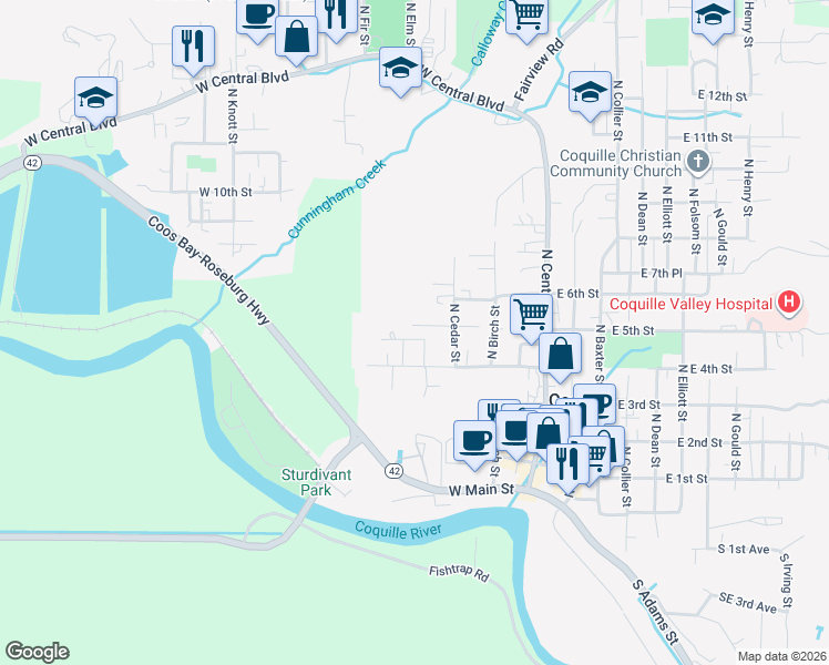 map of restaurants, bars, coffee shops, grocery stores, and more near 425 West 5th Street in Coquille