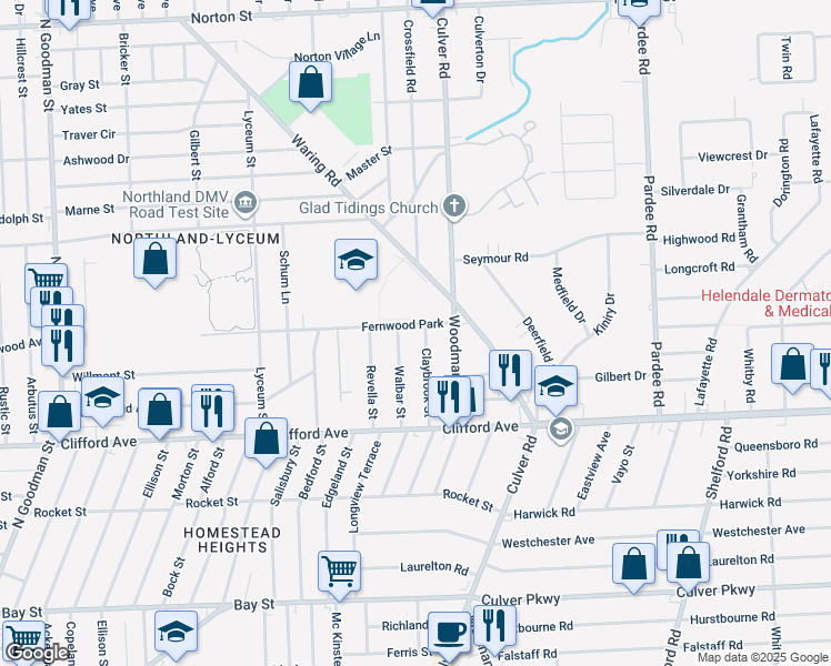 map of restaurants, bars, coffee shops, grocery stores, and more near 1005 Fernwood Park in Rochester