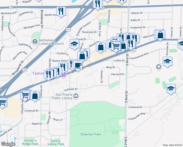 map of restaurants, bars, coffee shops, grocery stores, and more near 1223 West Main Street in Sun Prairie