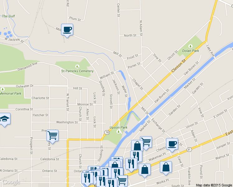 map of restaurants, bars, coffee shops, grocery stores, and more near 170 Jackson St in Lockport