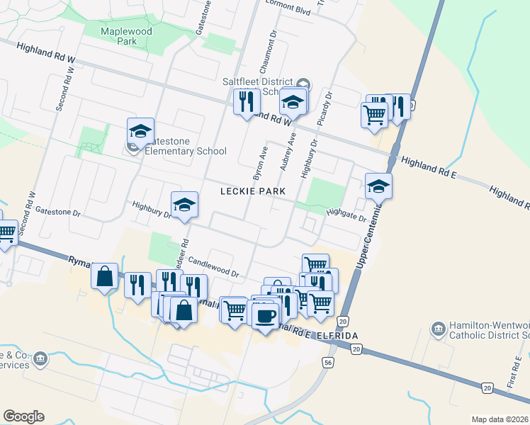 map of restaurants, bars, coffee shops, grocery stores, and more near 59 Aubrey Avenue in Hamilton