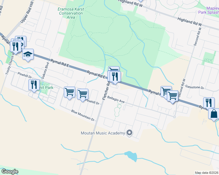 map of restaurants, bars, coffee shops, grocery stores, and more near 33 Fletcher Road in Hamilton