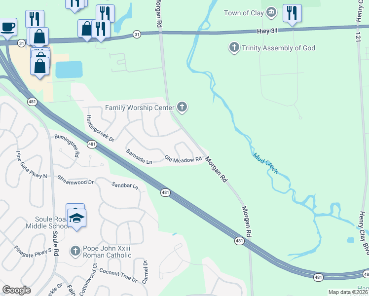 map of restaurants, bars, coffee shops, grocery stores, and more near 8423 Sweetmill Lane in Clay