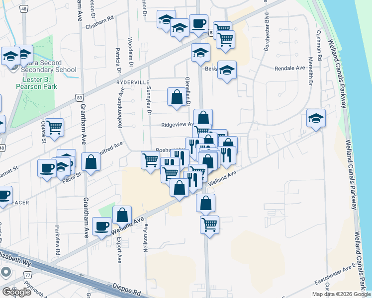 map of restaurants, bars, coffee shops, grocery stores, and more near 89 Roehampton Avenue in St. Catharines