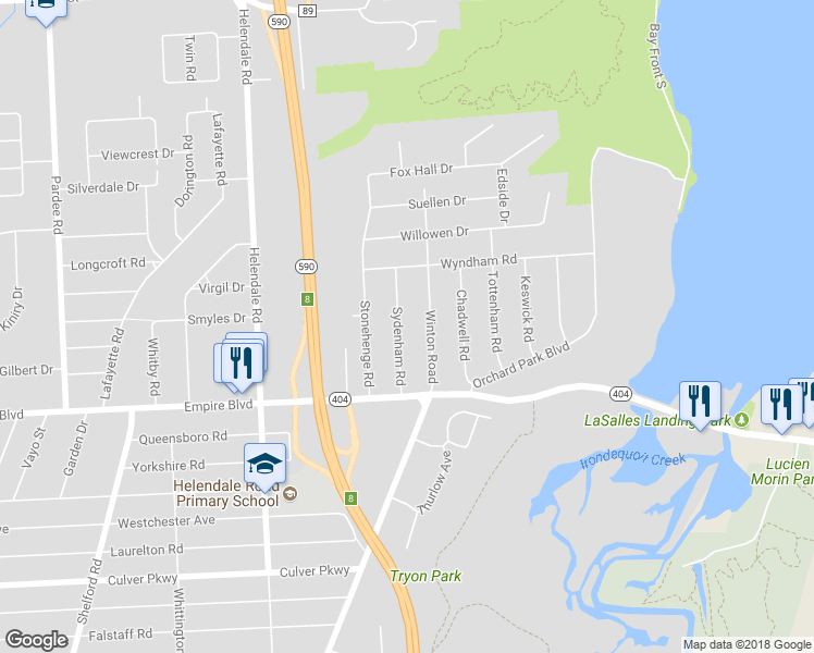 map of restaurants, bars, coffee shops, grocery stores, and more near 96 Sydenham Road in Rochester