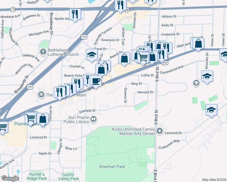 map of restaurants, bars, coffee shops, grocery stores, and more near 218 Foxdale Drive in Sun Prairie