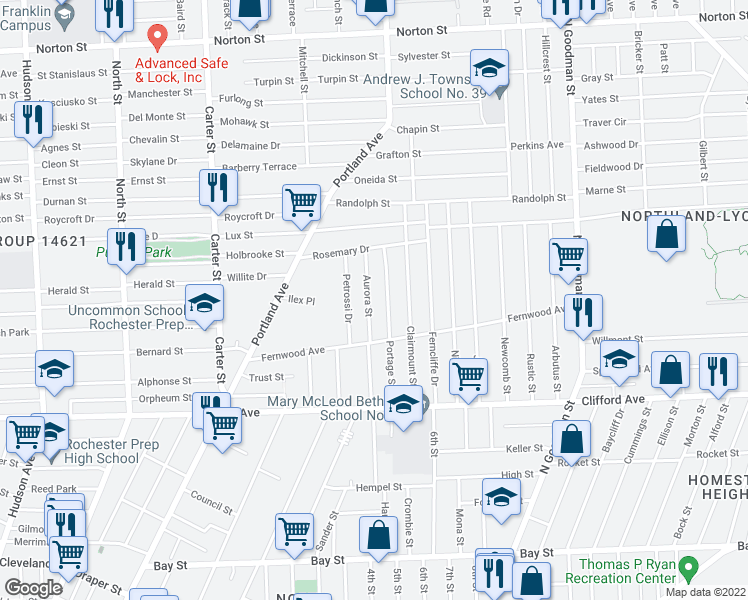 map of restaurants, bars, coffee shops, grocery stores, and more near 60 Aurora Street in Rochester