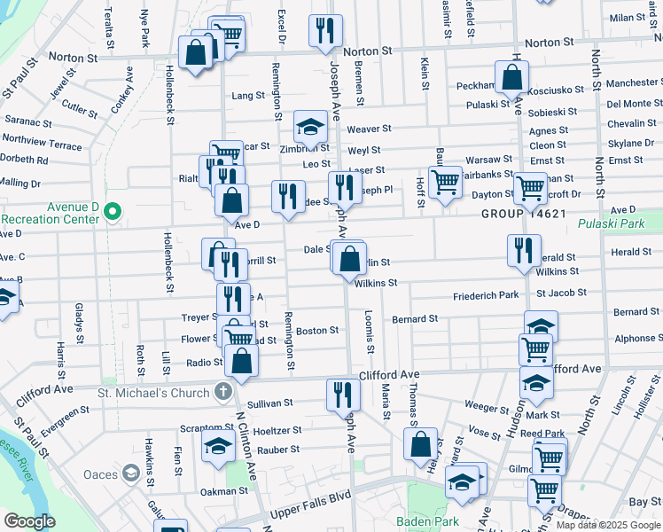map of restaurants, bars, coffee shops, grocery stores, and more near 74 Seabrook Street in Rochester