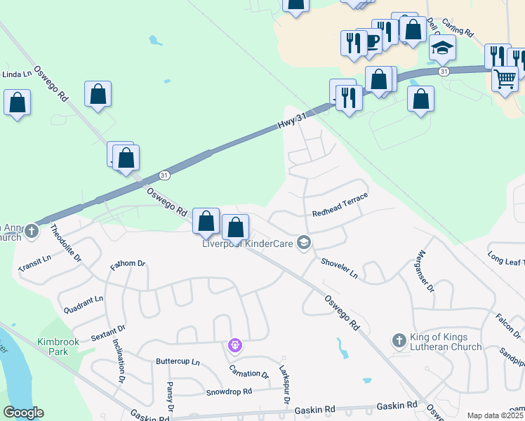 map of restaurants, bars, coffee shops, grocery stores, and more near 3643 Black Brant Dr in Liverpool