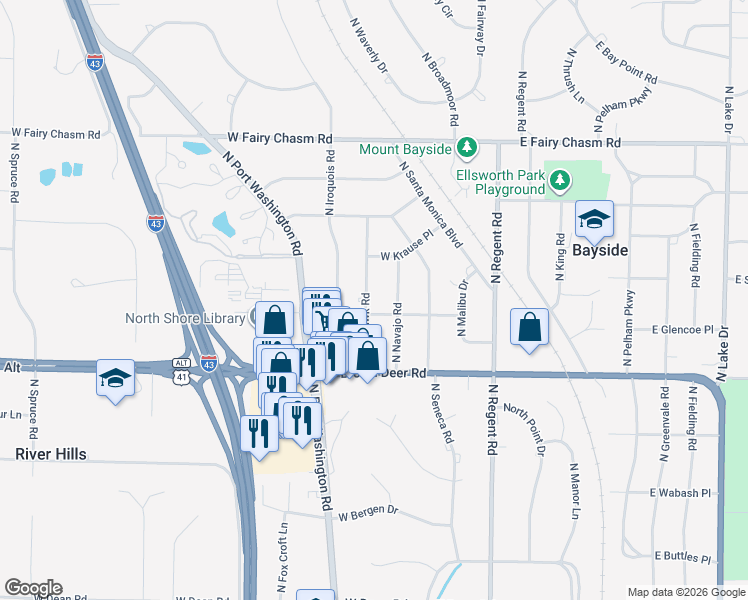 map of restaurants, bars, coffee shops, grocery stores, and more near 8914 North Mohawk Road in Bayside