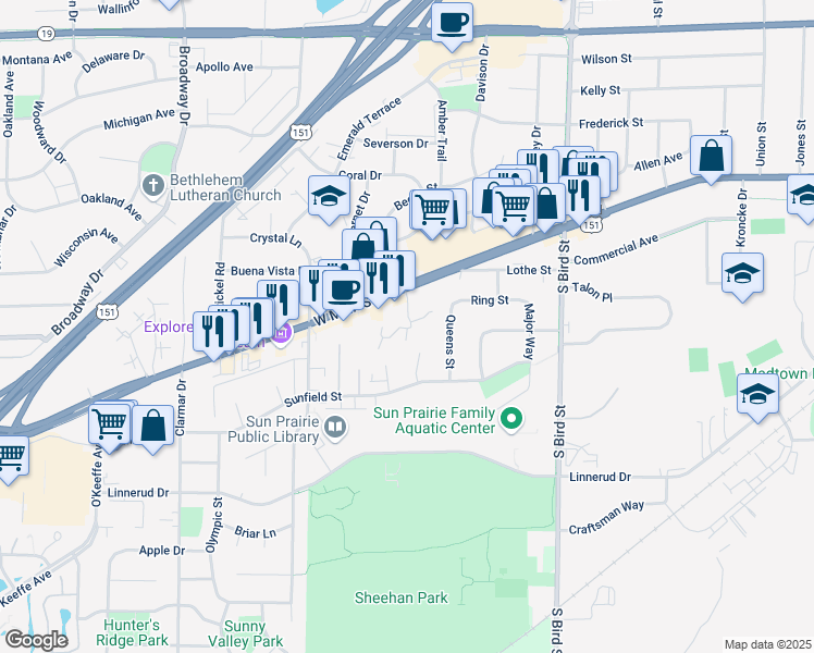 map of restaurants, bars, coffee shops, grocery stores, and more near 214 Foxdale Drive in Sun Prairie