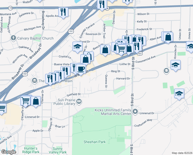 map of restaurants, bars, coffee shops, grocery stores, and more near 200 Foxdale Drive in Sun Prairie