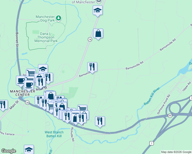 map of restaurants, bars, coffee shops, grocery stores, and more near 433 Highland Avenue in Bennington County