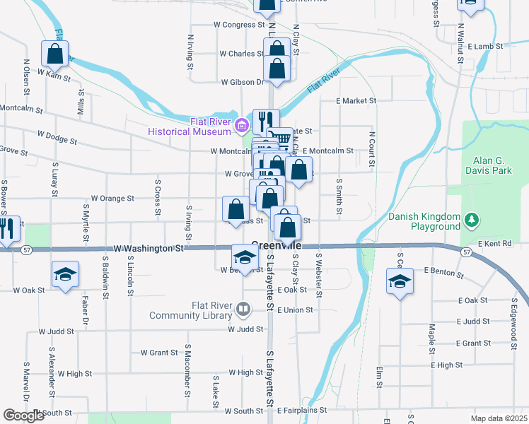 map of restaurants, bars, coffee shops, grocery stores, and more near 118 West Cass Street in Greenville