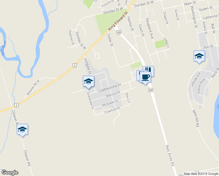 map of restaurants, bars, coffee shops, grocery stores, and more near Cobblestone Drive in Brant