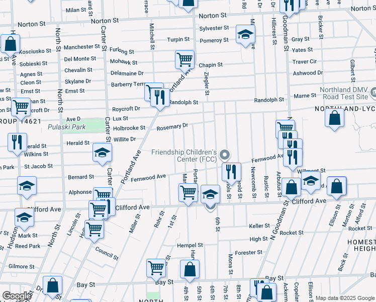 map of restaurants, bars, coffee shops, grocery stores, and more near 60 Aurora Street in Rochester