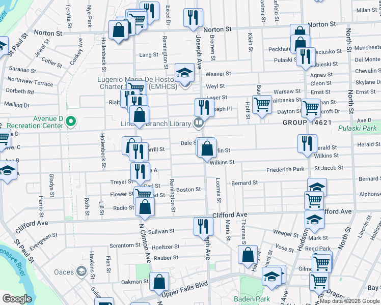 map of restaurants, bars, coffee shops, grocery stores, and more near 74 Seabrook Street in Rochester