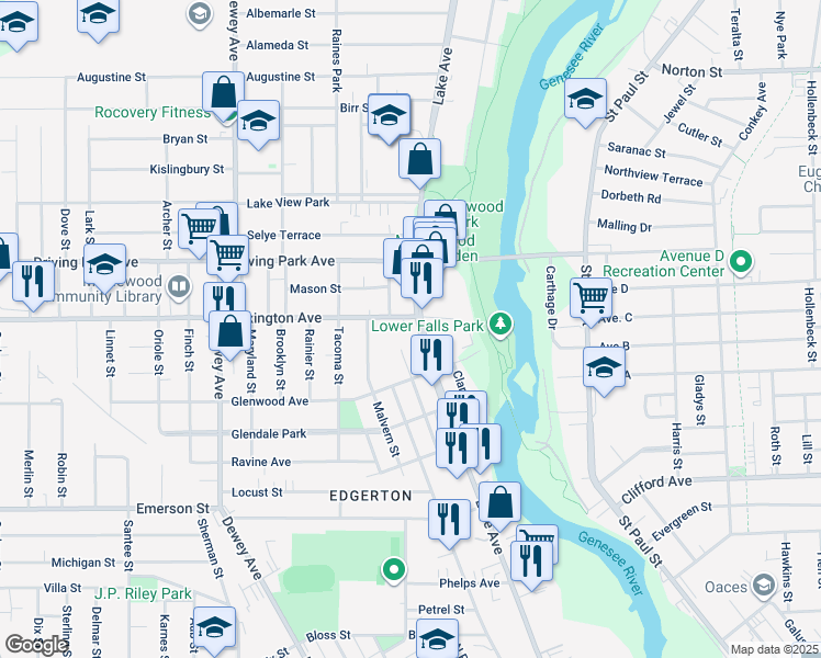 map of restaurants, bars, coffee shops, grocery stores, and more near 115 Lexington Avenue in Rochester
